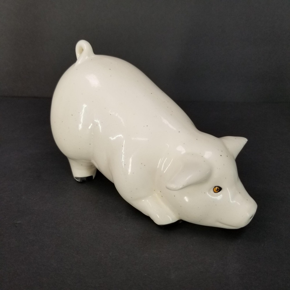 Vintage Style Glossy White Speckled Ceramic Pig Figurine Farmhouse Decor 7.5"